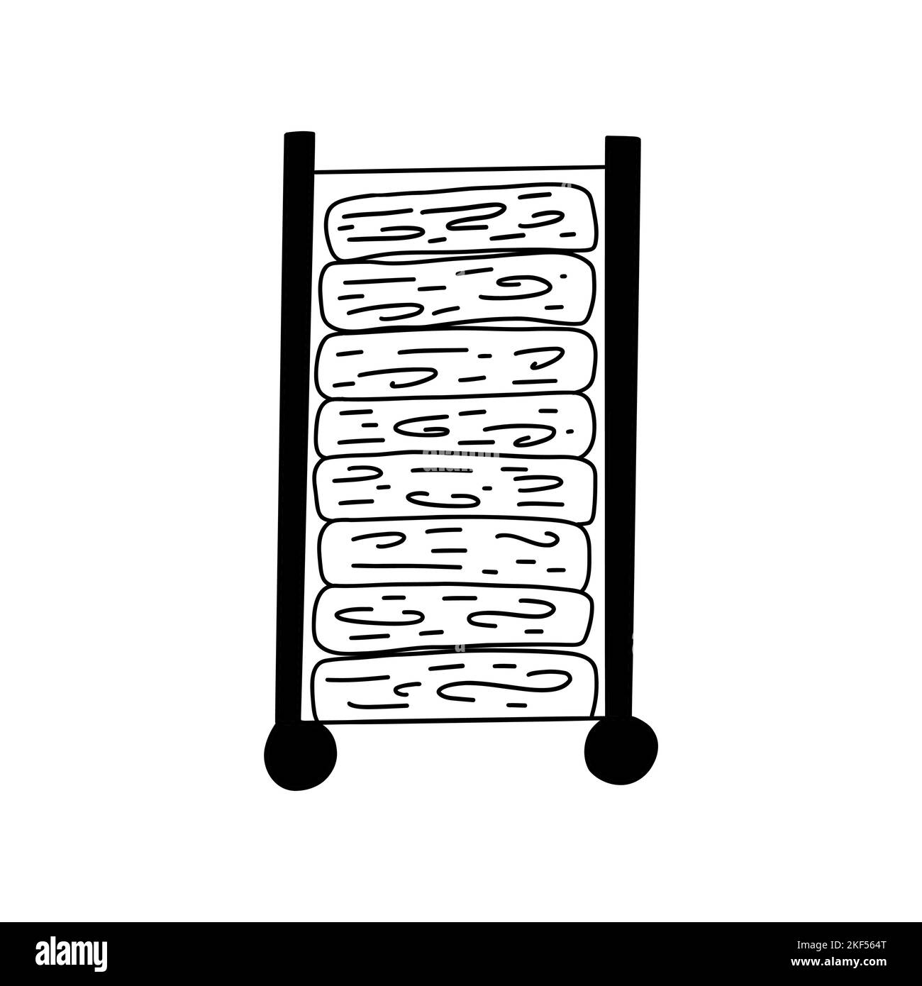 Stellen Sie sich auf Räder, um Brennholz zu stapeln. Holzstapel. Saisonale Vorbereitung für die Heizung des Hauses. Vorräte an Brennholz für einen Kamin oder Ofen. Vektor schwarz Stock Vektor