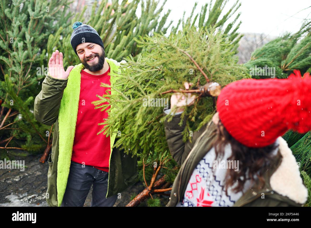 Junge Männer und Frauen wählen einen Weihnachtsbaum in einem Weihnachtsbaumladen. Stockfoto