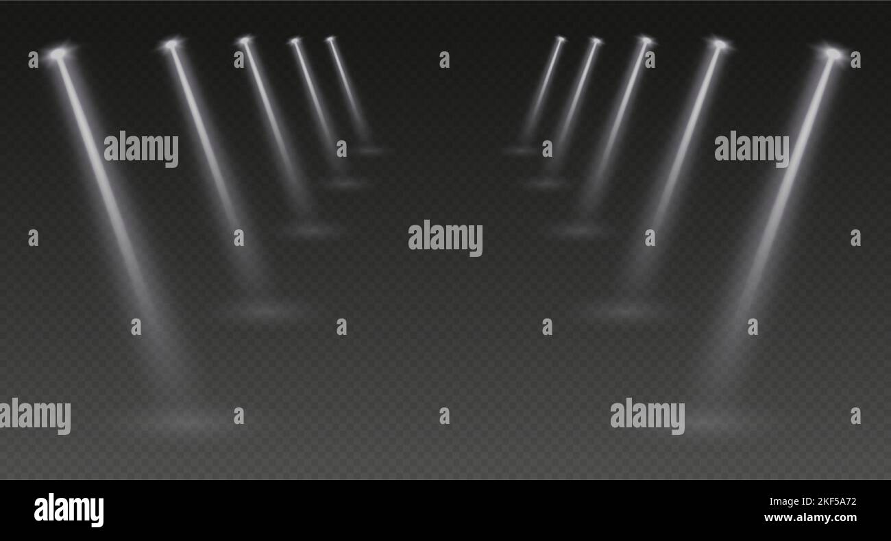 Bühnenscheinwerfer, realistischer Lichtkorridor, glänzend weiße Strahlen überlagern den Effekt für die Musikbühne oder die Nominierung von Preisen Stock Vektor