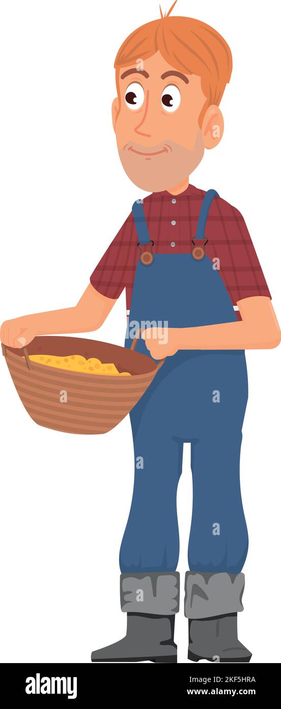 Der Bauer hält den Korb. Landwirtschaftliche Ernte. Zeichentrickfigur Stock Vektor
