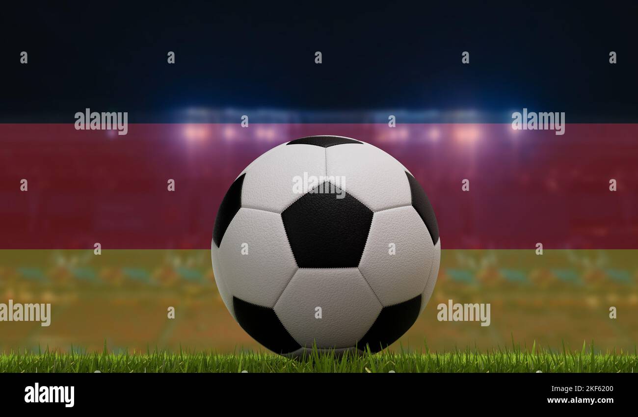 Fußball-Fußball auf einem Rasen vor Stadionbeleuchtung und deutschlandflagge. 3D Rendering Stockfoto