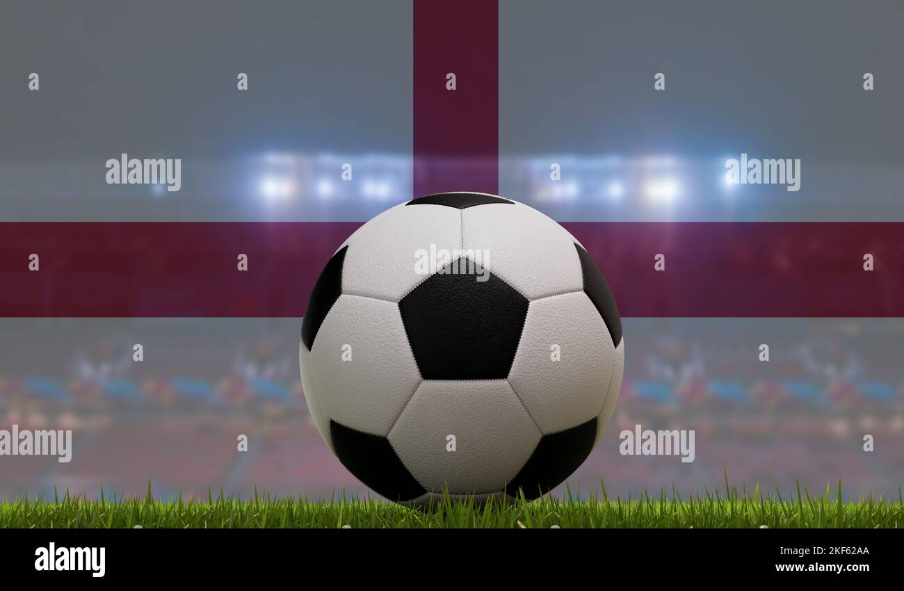 Fußball-Fußball auf einem Rasen vor den Lichtern des Stadions und der englischen Flagge. 3D Rendering Stockfoto