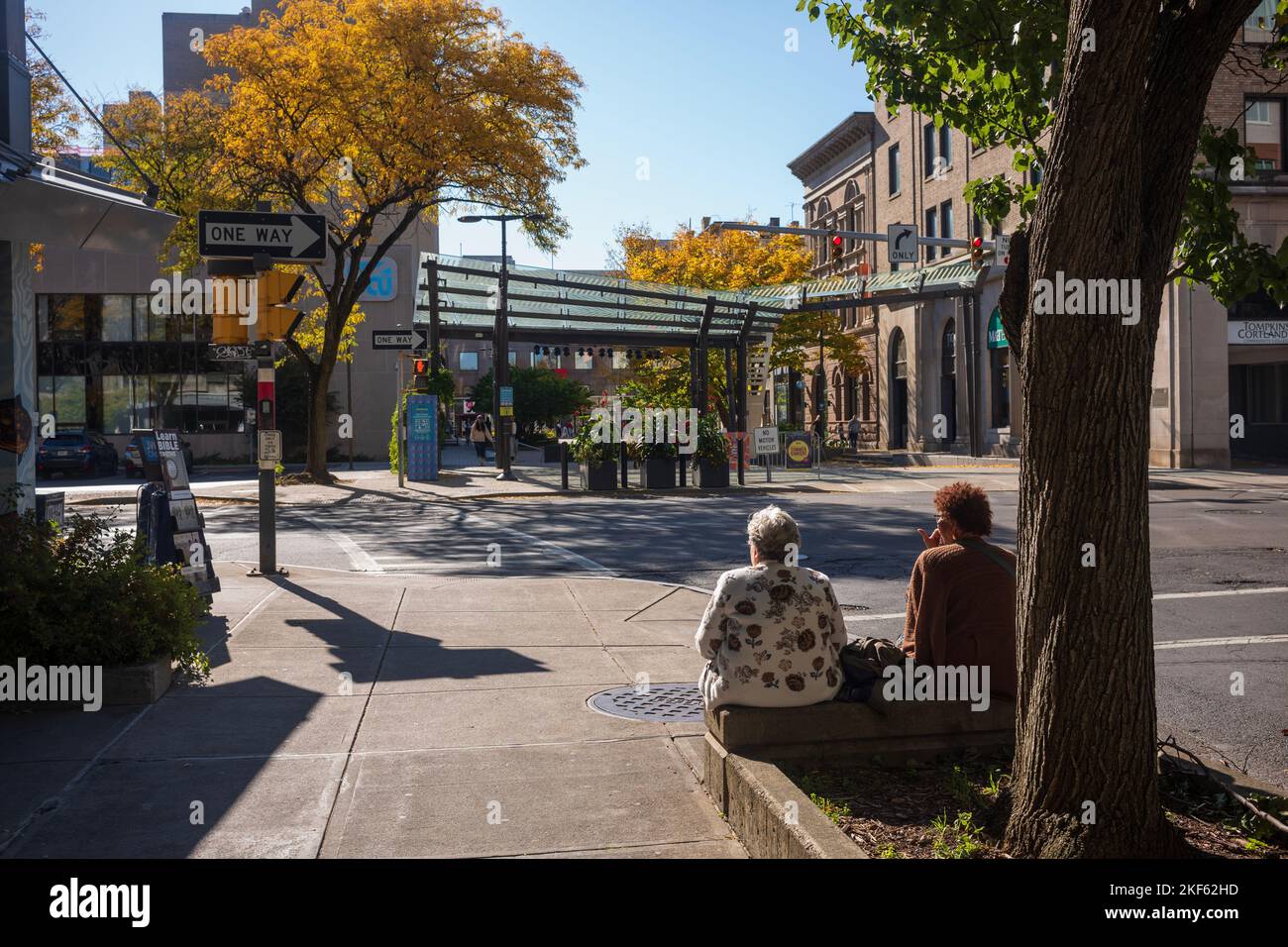Ithaca, NY, USA - 24. Okt 2022: Die Innenstadt von Ithaca Commons, die hier während der Herbstsaison zu sehen ist, ist ein vier Blocks weiter, nur für Fußgänger, wo sich ein einzigartiger Laden befindet Stockfoto