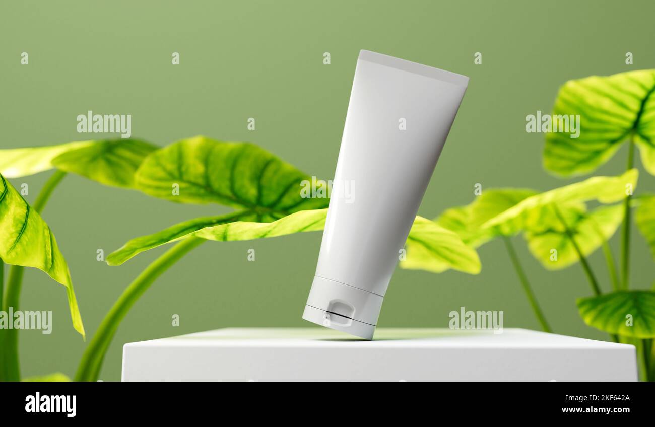 Modell des kosmetischen Röhrenprodukts. Beauty Hautpflege Verpackung mit tropischen Blättern. 3D Rendering Stockfoto
