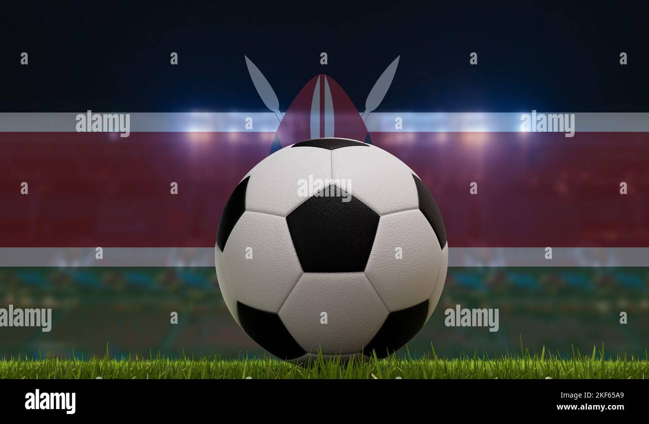 Fußball-Fußball auf einem Rasen vor den Lichtern des Stadions und der kenya-Flagge. 3D Rendering Stockfoto