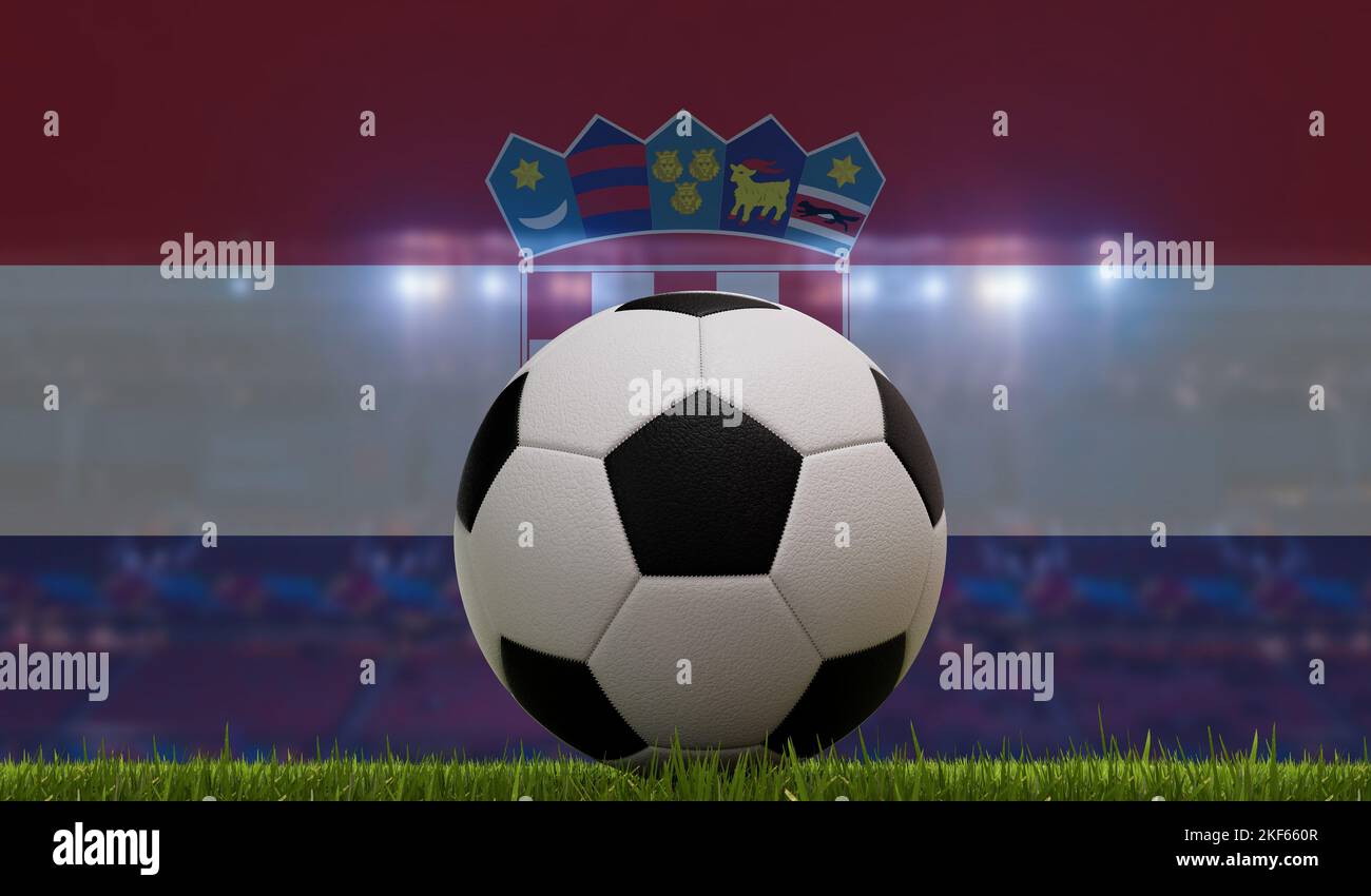 Fußball-Fußball auf einem Rasen vor Stadionbeleuchtung und kroatien-Flagge. 3D Rendering Stockfoto