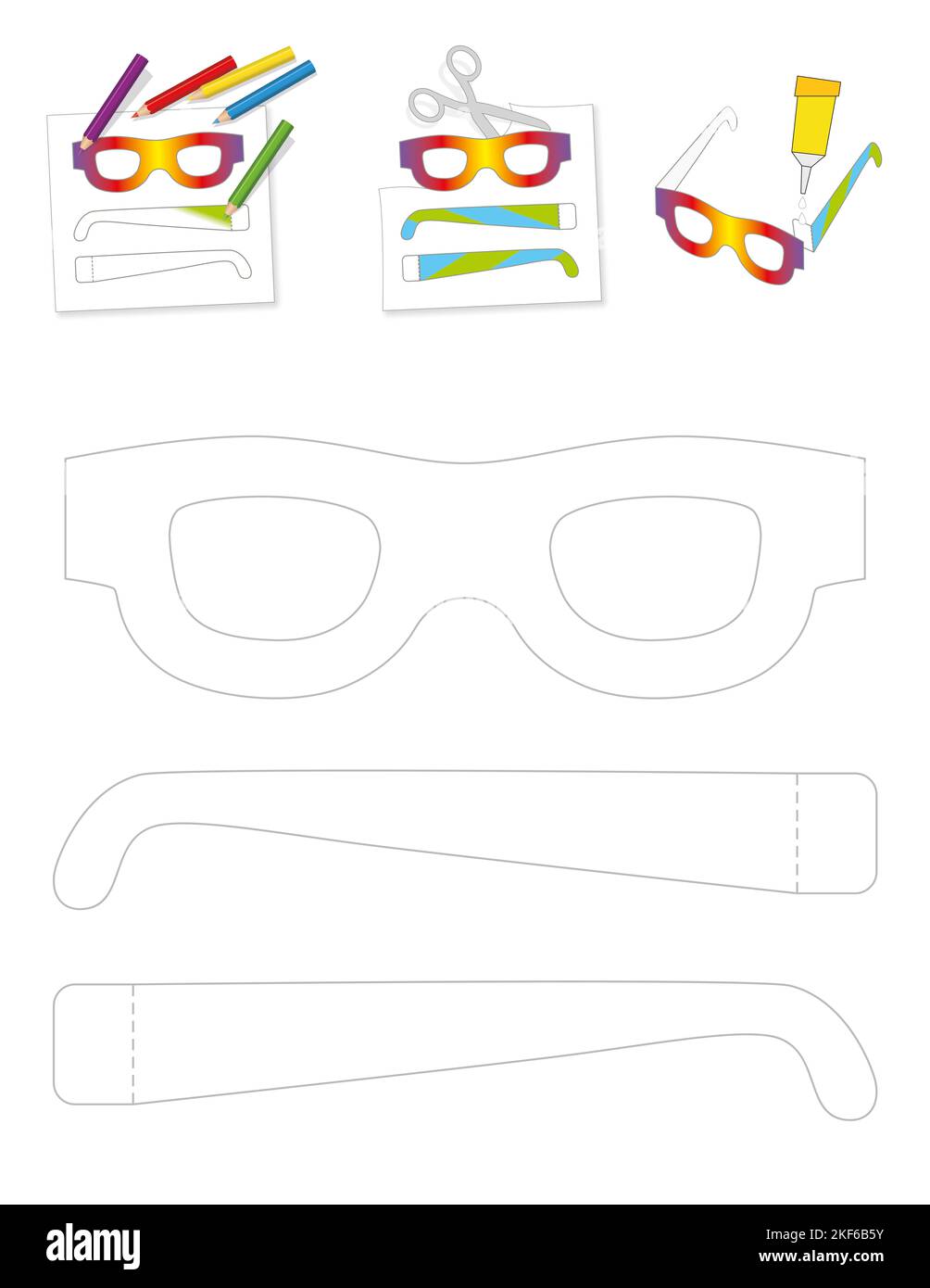 Brillenpapier-Modell, Bastelvorlage mit leerem Umrissrahmen und Bügeln - selbst gemachte Brillen als lustige Faschings Kostüm Verkleidung. Stockfoto