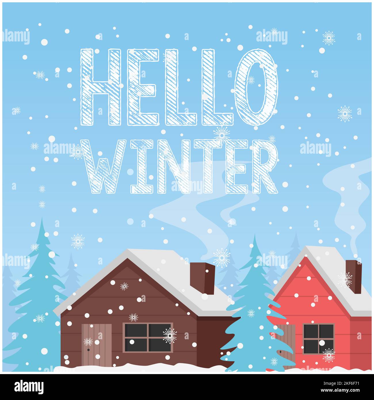 Hallo Winter. Flaches Design hallo Winter Hintergrund Vektorbild. Illustration der Winterlandschaft. Stock Vektor