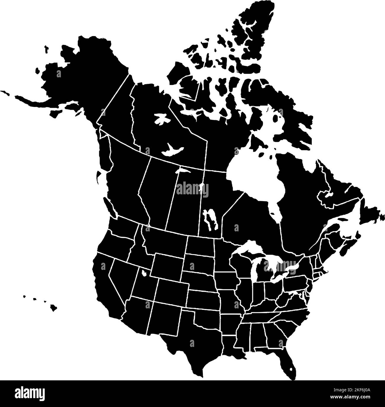 Schwarze Übersichtskarte für Nordamerika. Politische nordamerikanische Karte. Vektorgrafik Karte. Stock Vektor