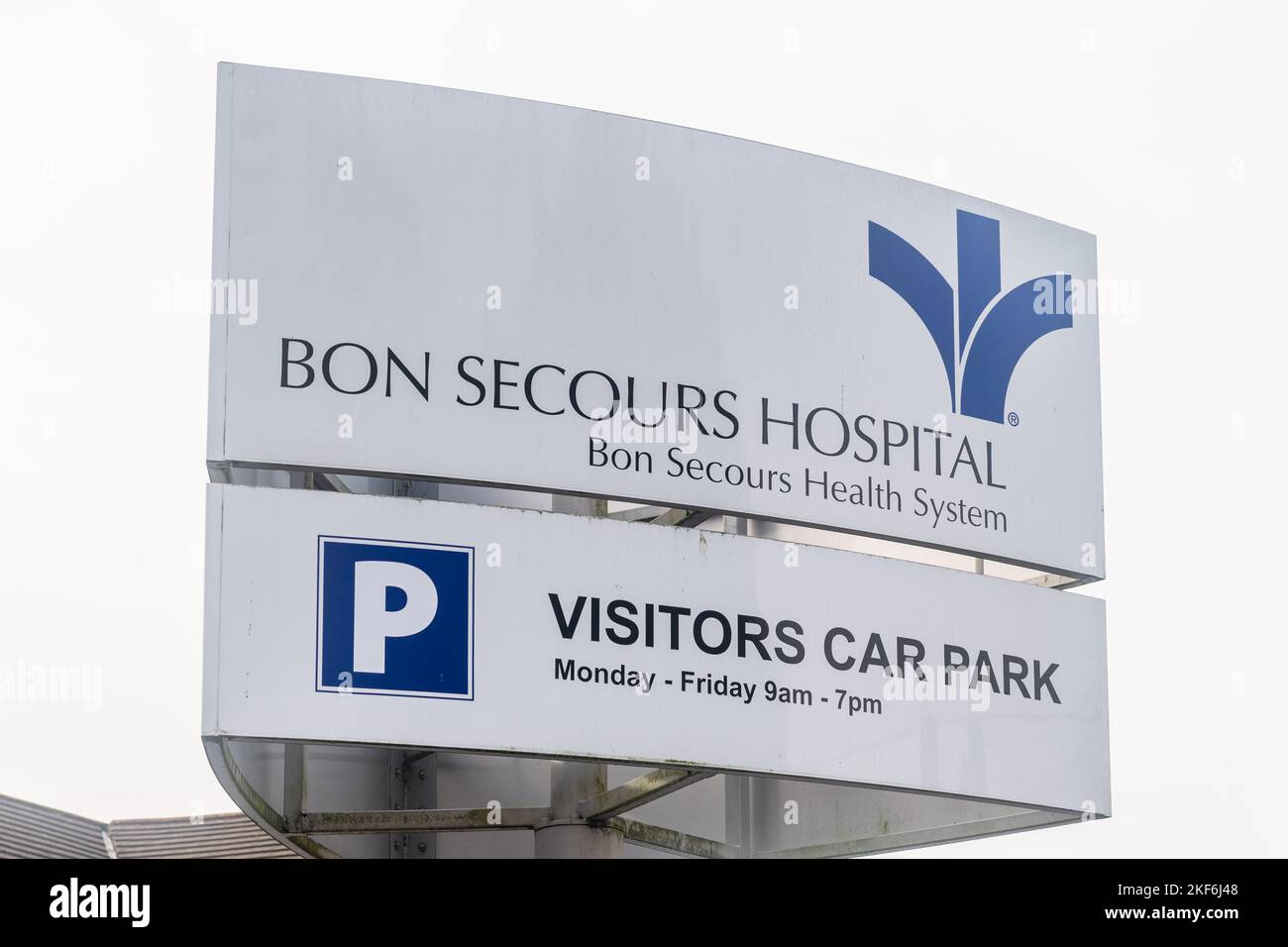Bon Secours Hospital Schild in Cork, Irland. Stockfoto