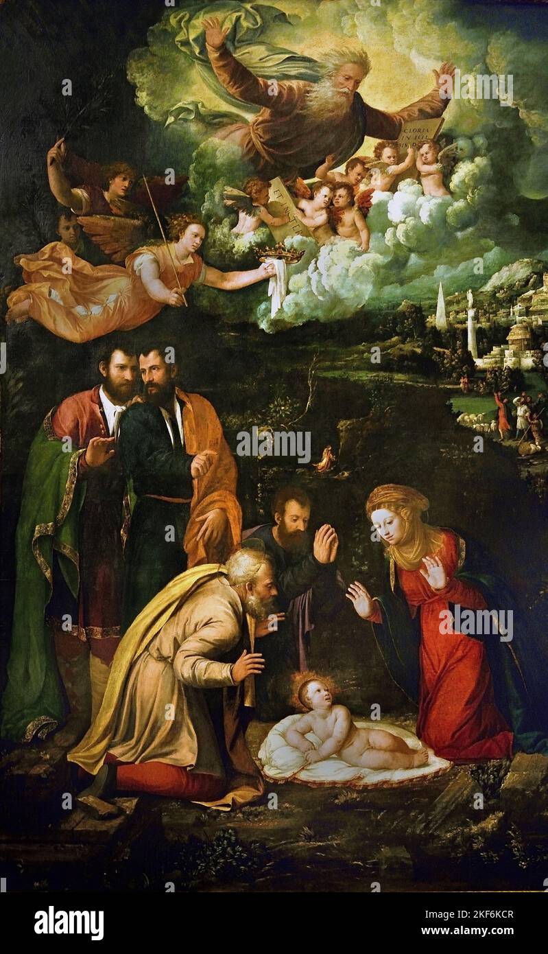Anbetung des Kindes - Geburt mit dem Ewigen Vater 1533-1536 von Dosso Dossi - Giovanni di Niccolo Luteri 1486 - 1542 und Battista Dossi 1490-1548 (Täufer von Niccolò Luteri), 1533-36 taly, italienisch, Stockfoto