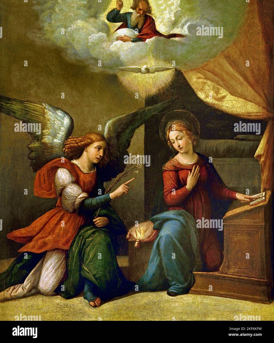 Verkündigung - Öl auf Tafel 1520 - 1530, Garofalo-Werkstatt Garofalo - Benvenuto Tisi (oder Il Garofalo) (1481 – 1559 Italien Italienische Verkündigung, stellt die biblische Geschichte dar, in der Erzengel Gabriel der Jungfrau Maria verkündet, dass sie zur Mutter Jesu, Geburt Christi, auserwählet wurde, Stockfoto