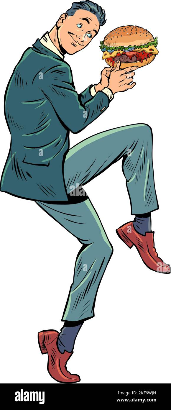 Geschäftsmann in einer lustigen Pose. whopper Burger in den Händen, Street Food Stock Vektor