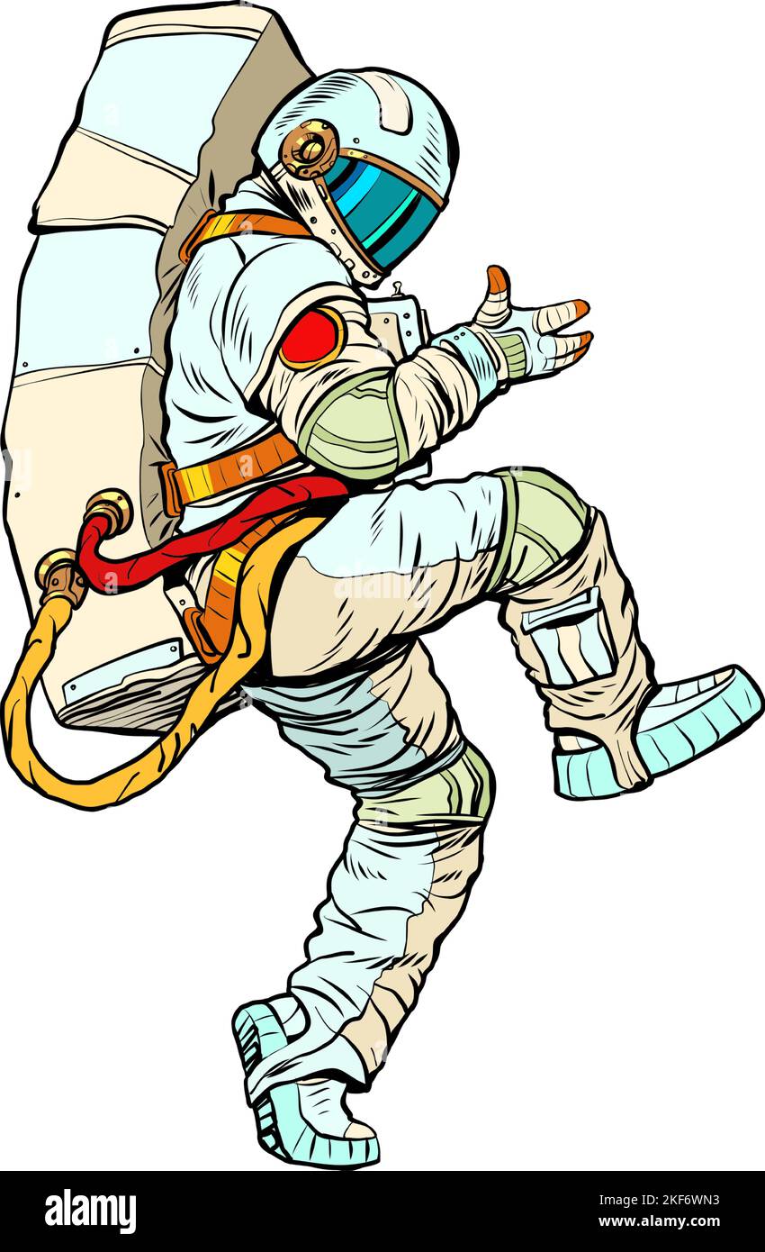 astronaut Mann in einem Raumanzügen tanzt und freut sich, springen in die Zukunft. Mann in einer lustigen Pose Stock Vektor