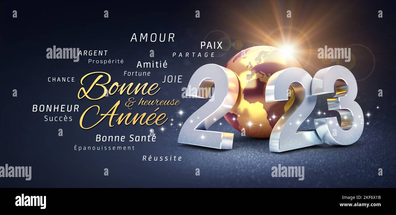 2023 Neujahrsnummer, zusammengesetzt mit einem goldfarbenen Planeten Erde, Grüßen und besten Wünschen in französischer Sprache, auf einem festlichen schwarzen Hintergrund - 3D Stockfoto