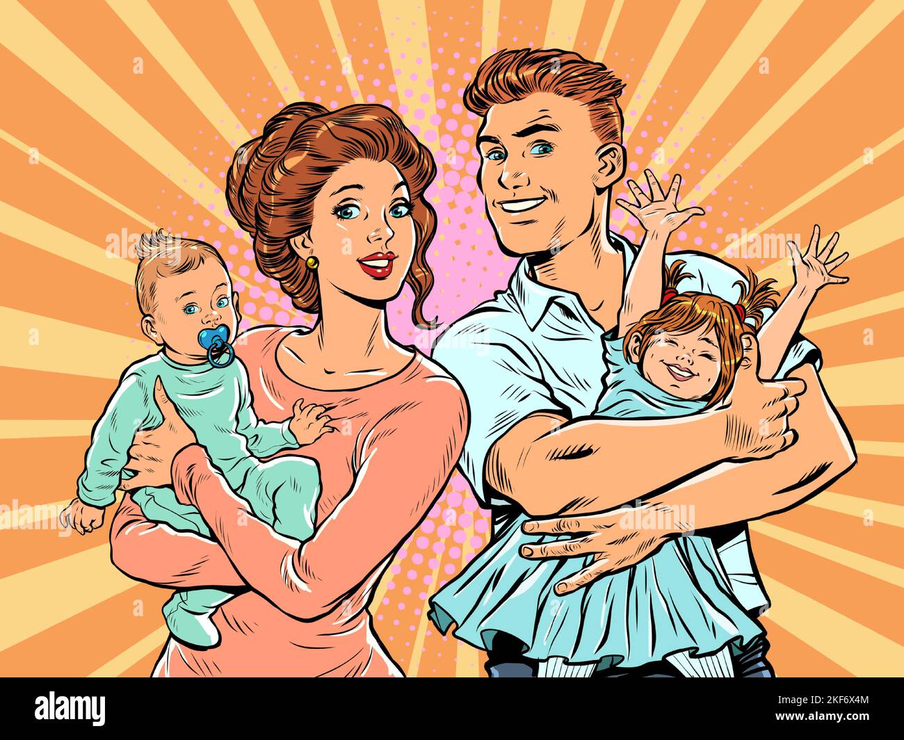 Familie Mama und Papa mit Kindern in den Armen. Pop Art retro Illustration 50s 60s Stil Stock Vektor