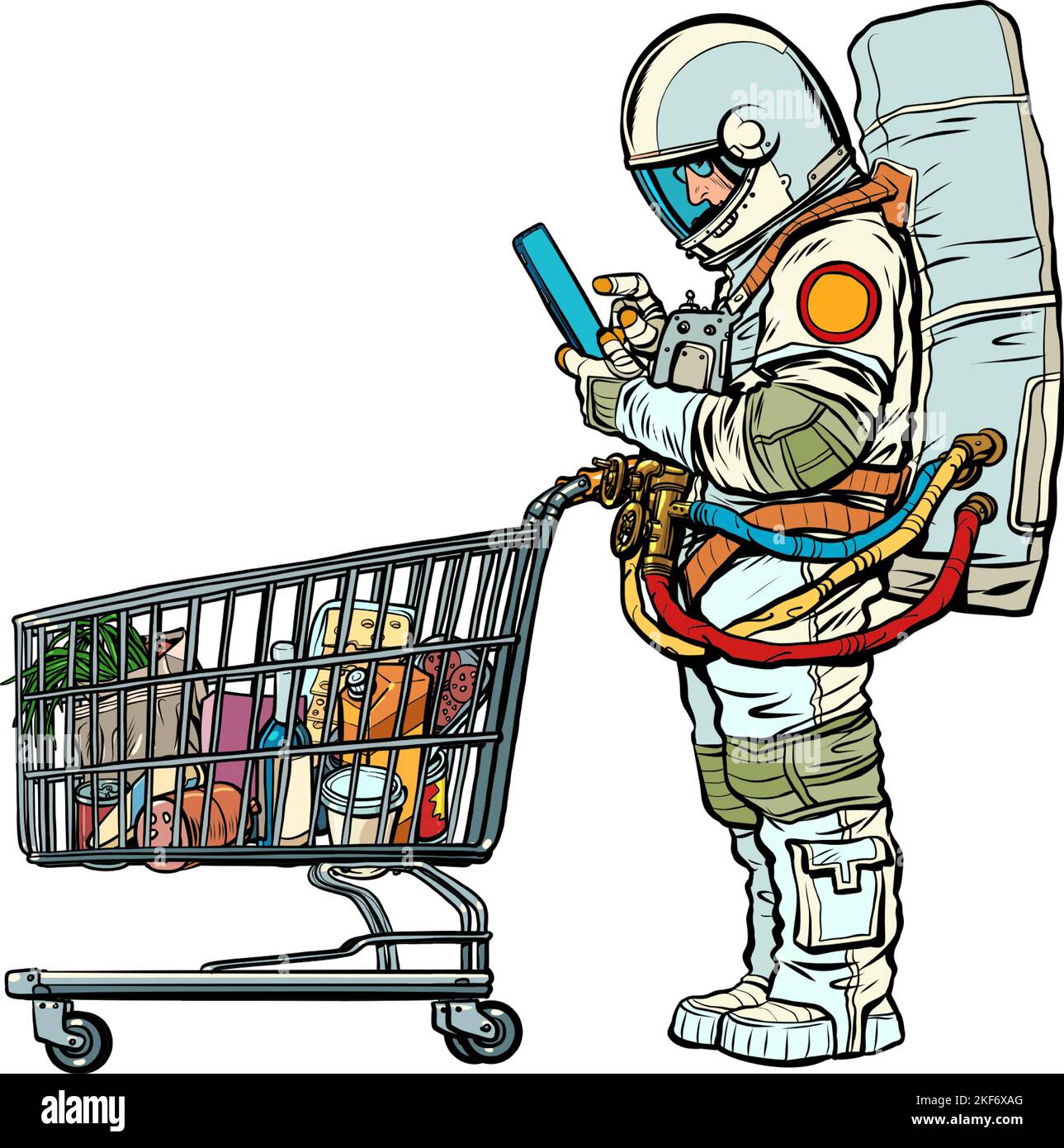 Astronaut Mann mit einem Lebensmittelkarren im Laden schaut auf das Telefon. Online-Produktauswahl. Elektronischer Geschäftsverkehr Stock Vektor
