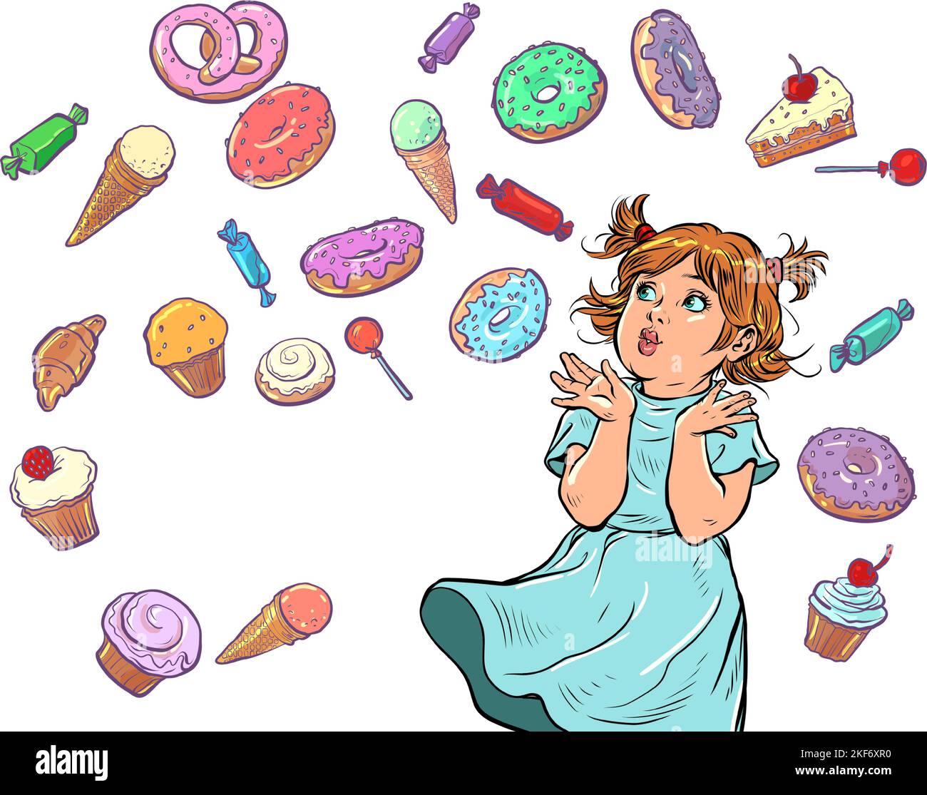 Fröhliches, glückliches Mädchen. Süßwaren Süßigkeiten Süßigkeiten Cupcake Donut Kuchen Eis. Geburtstag Hintergrund Stock Vektor