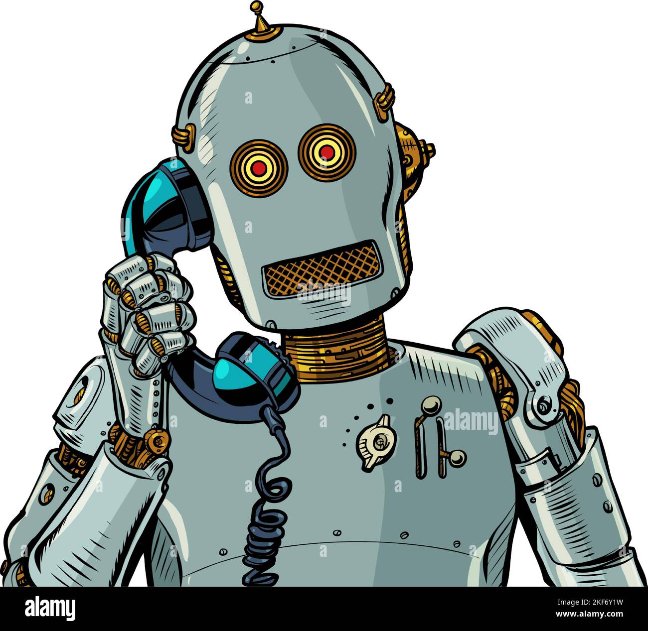Ein humanoider Roboter spricht auf einem alten Festnetztelefon. Anrufbeantworter mit künstlicher Intelligenz. AI-Sprachgenerator Stock Vektor