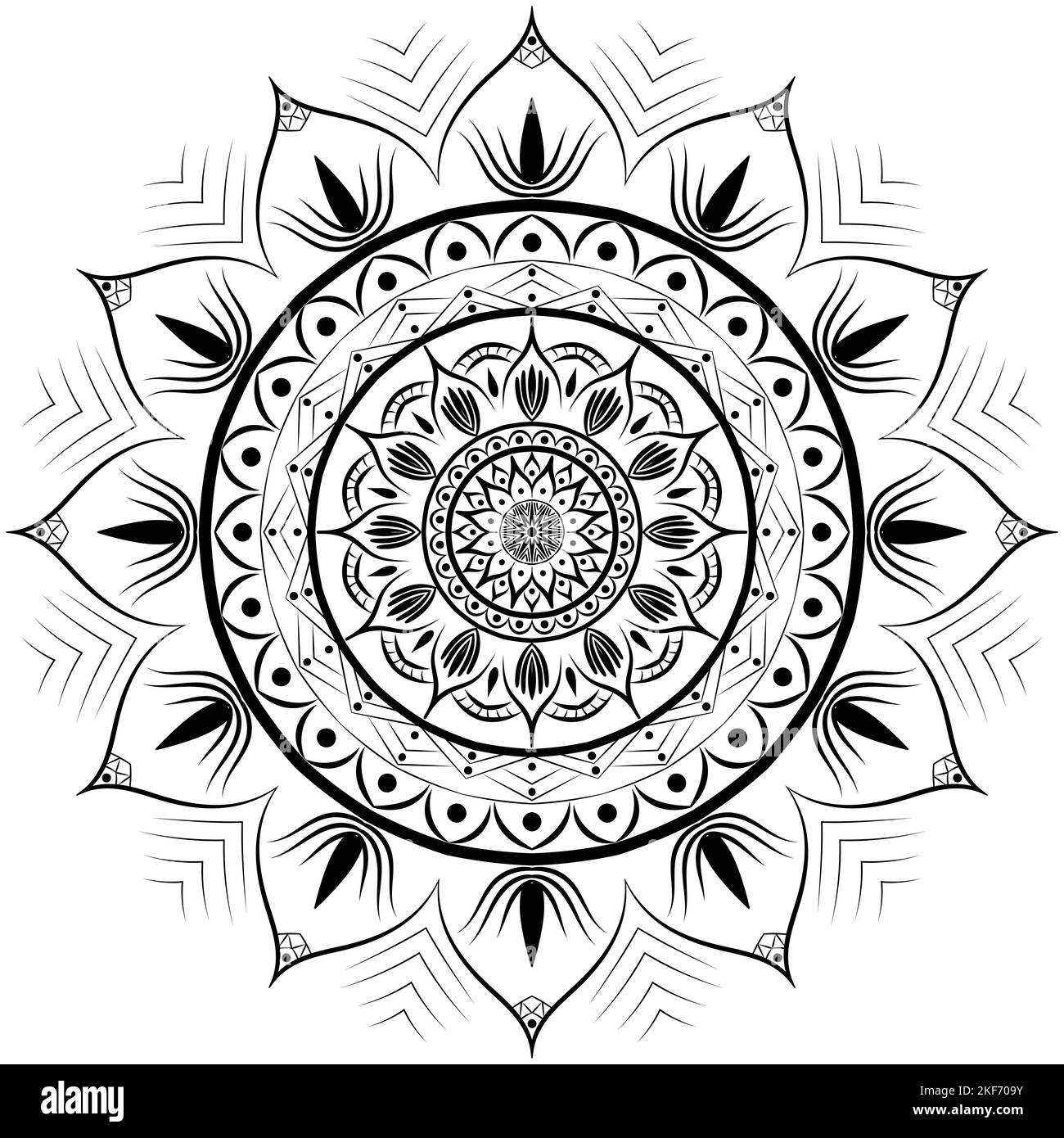 Kreis-Muster florale Mandala Kunst isoliert auf weißem Hintergrund, Dekorationselemente für Meditation Poster oder Banner, Henna, Mehndi, Tattoo-Kunst, Stockfoto