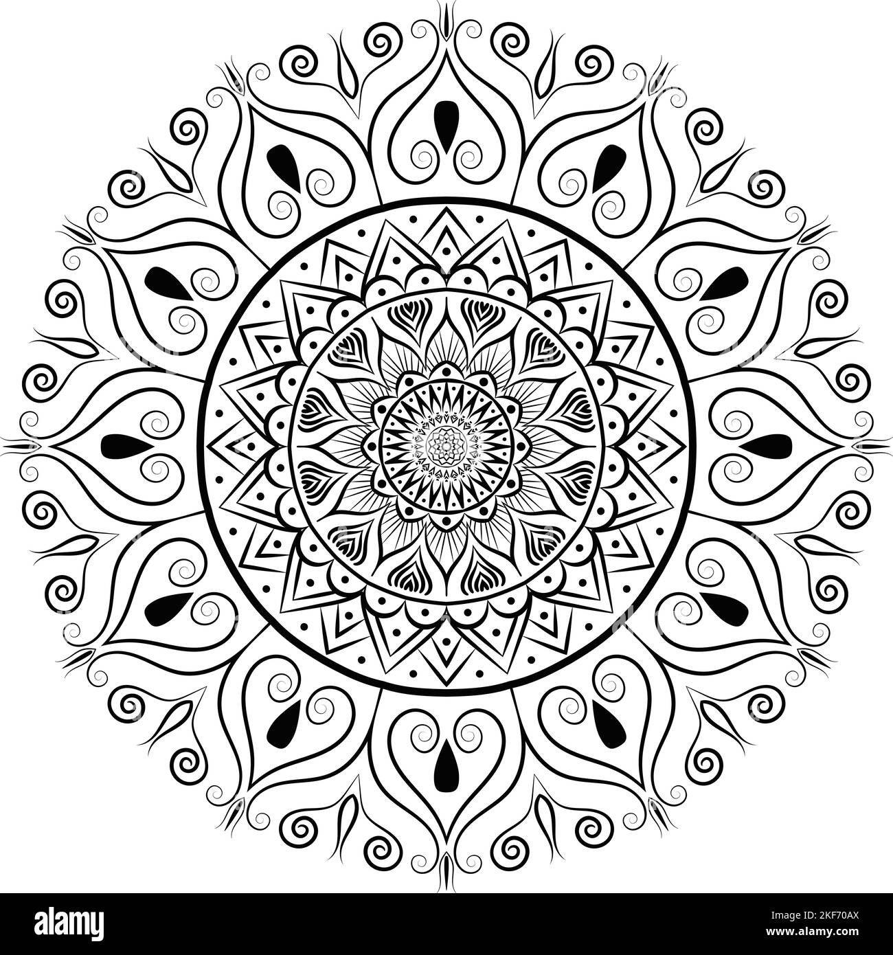Eine schöne Mandala Kunst in einem dunklen Hintergrund, Mandala Kunst für Meditation Poster oder Banner, Festival Dekoration, Erwachsenen Buch Seite Design, Tattoo Kunst, Stockfoto