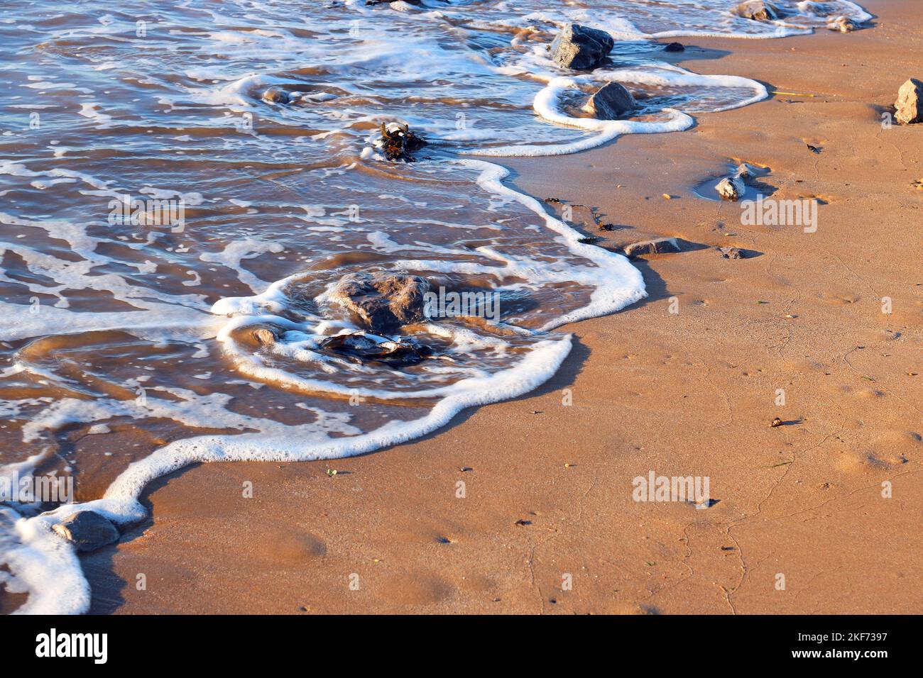Schaum der ankommenden Flut am Sandstrand. Stockfoto