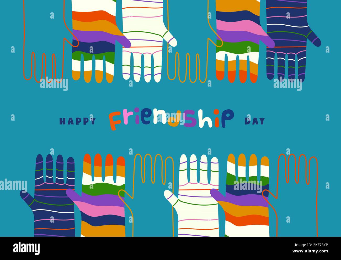 Happy Friendship Day Illustration von bunten verschiedenen Händen zusammen. Verschiedene Kultur Teamwork Konzept Vektor. Stock Vektor
