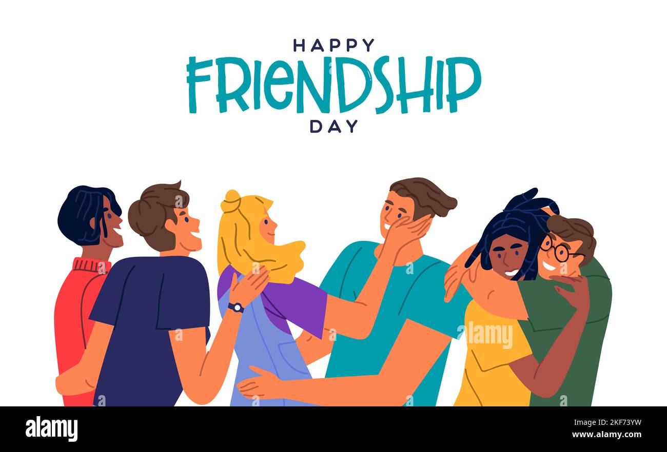 Happy Friendship Tag Grußkarte Vektor Illustration. Verschiedene junge Menschen umarmen sich. Gruppe von Freunden feiern im flachen Design-Stil. Stock Vektor
