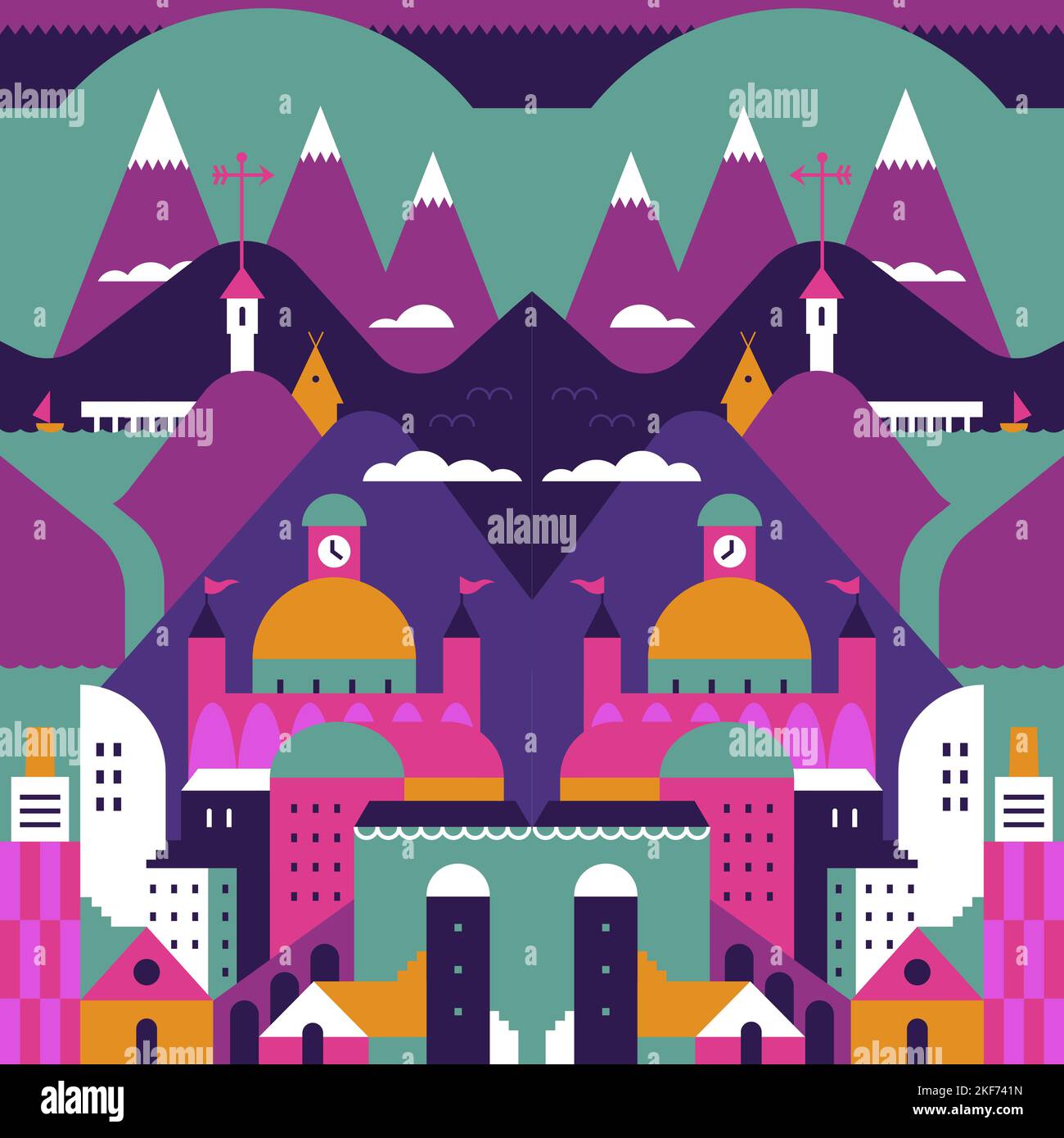 Stadtlandschaft mit Gebäuden nahtlose Mustervektor. Illustration in minimalistischer geometrischer flacher Form. Abstrakter Hintergrund für Stoff, Verpackung, Textil Stock Vektor