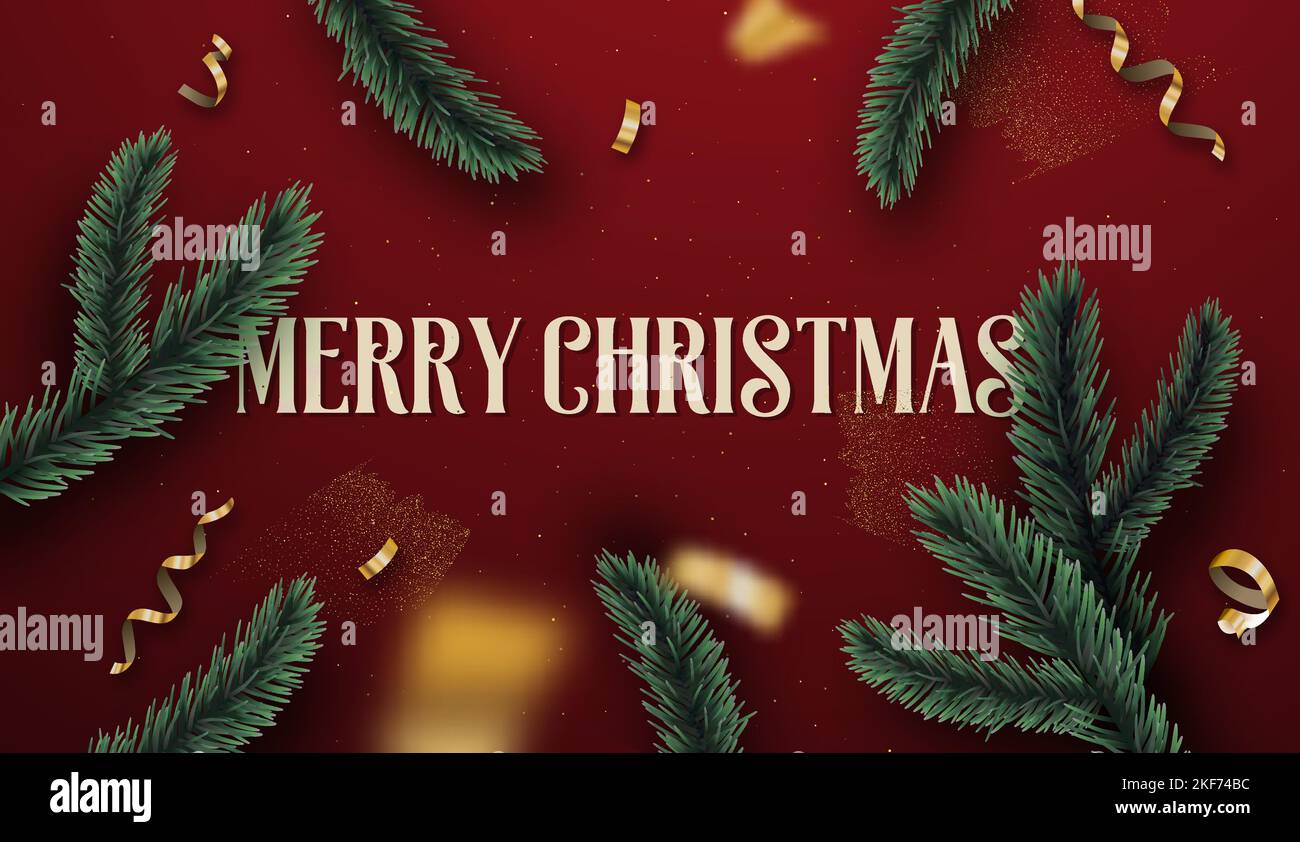 Frohe Weihnachten Grußkarte Illustration. Luxus 3D Elemente auf rotem Hintergrund mit goldenem Party Konfetti und weihnachtskiefernzweig. Elegantes ho Stock Vektor