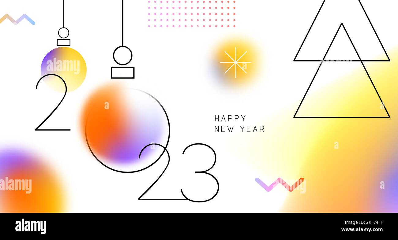 Happy New Year 2023 Bannerillustration im modernen abstrakten geometrischen Design-Stil. Farbenfrohe, lichtundurchflute, verlaufende Kugel auf weißem Hintergrund Stock Vektor
