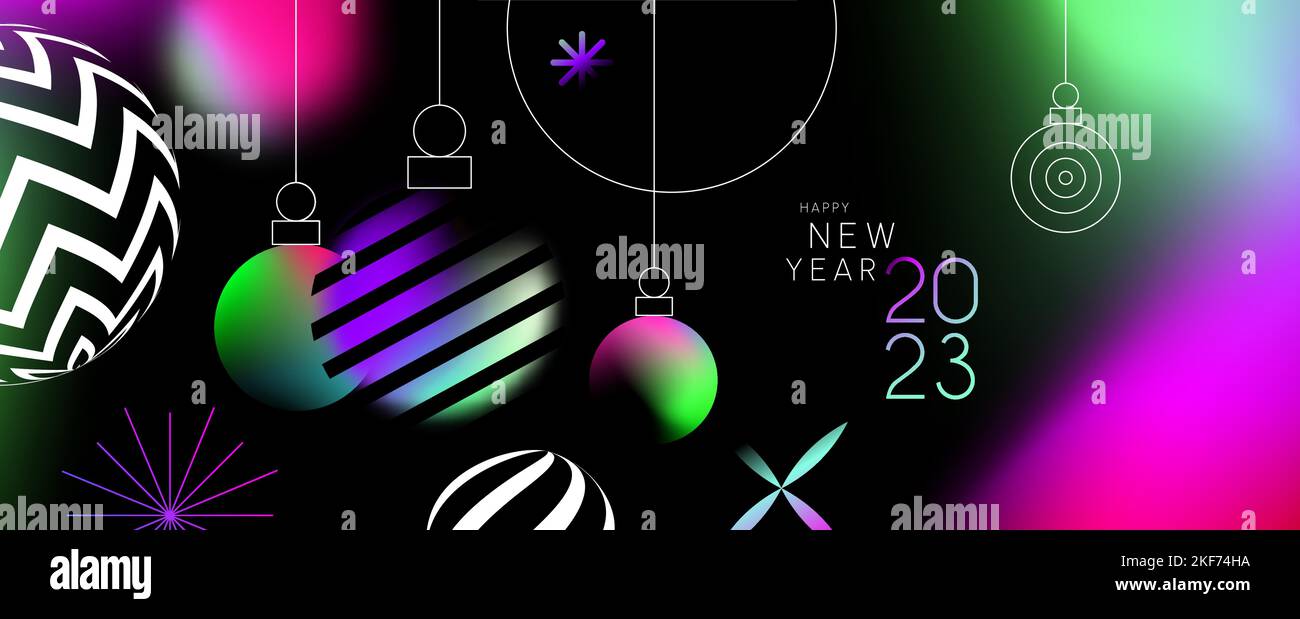 Happy New Year 2023 Banner Vorlage Illustration in modernen abstrakten geometrischen Design-Stil. Farbenfrohe, lichtundurchflute, verlaufende Kugel auf schwarzer Ba Stock Vektor