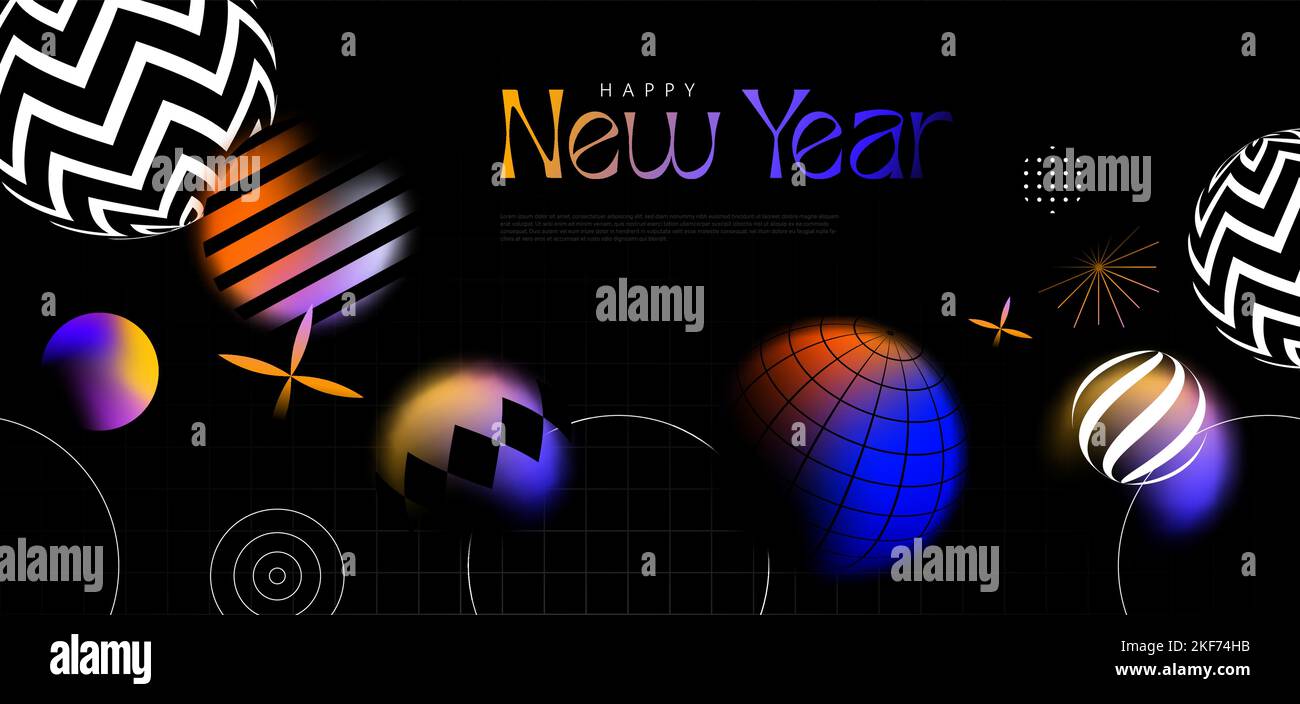 Happy New Year Web-Vorlage Illustration in modernen abstrakten geometrischen Design-Stil. Bunte Lichtunschärfe Gradienten Dekoration auf schwarzem Hintergrund für ho Stock Vektor