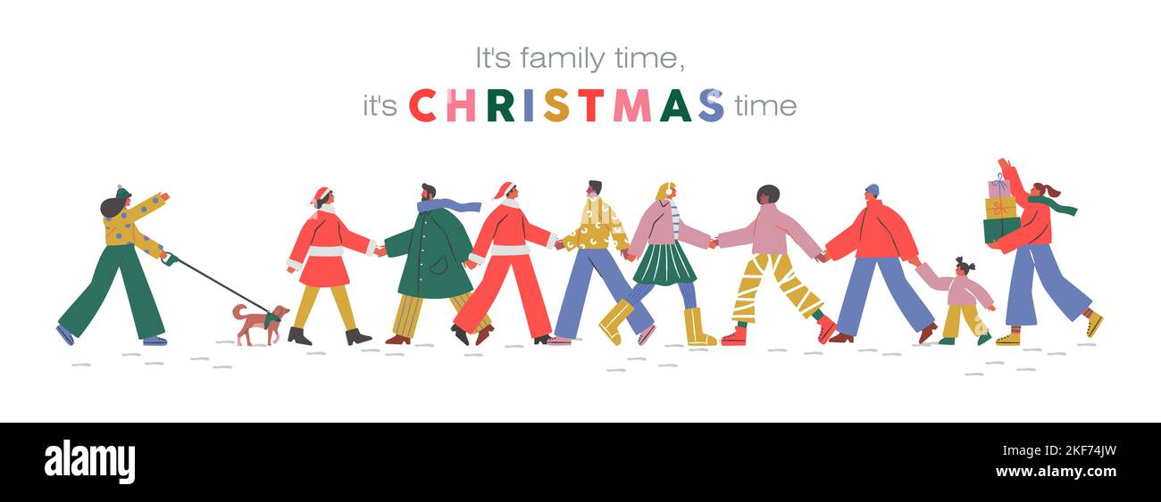 Weihnachten ist Familienzeit Banner Illustration Vorlage, soziale Menschen drängen zu gehen und Hände in der Wintersaison halten. Männer, Frauen und Kinder feiern Stock Vektor