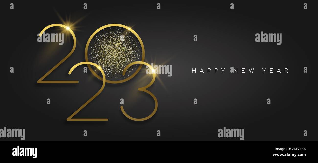 Frohes neues Jahr 2023 Gold Luxus Grußkarte Design Vektor Illustration. Kalender Datum Nummer Zeichen mit goldenem Glitzerstaub auf schwarzem Hintergrund. Stock Vektor