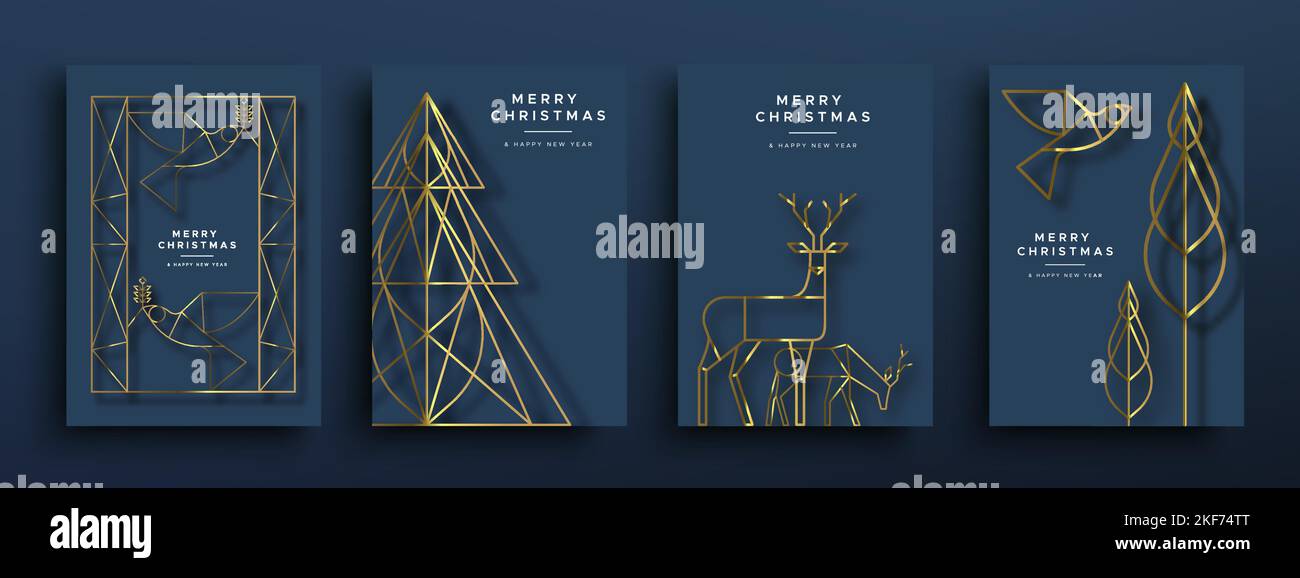 Frohe Weihnachten Frohes Neues Jahr Grußkarte Illustration Satz von goldenen Winter Wald Tiere in skizzieren Art-Deco-Stil. Festliche Kollektion in blauer holi Stock Vektor