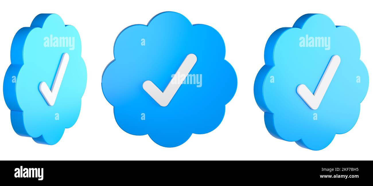 In drei gedrehten Versionen ist ein blaues markiert. Authentifiziertes twitter-Konto-Konzept. Isoliert auf transparentem Hintergrund. Stockfoto