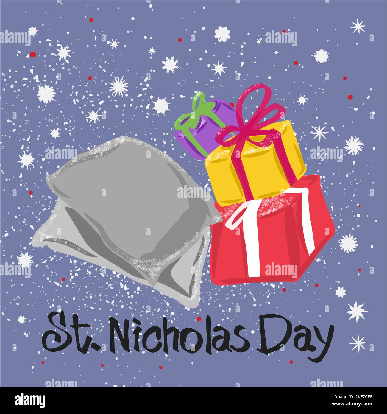 Weihnachtskarte, Nikolaus-Tag, Kissen und Geschenke auf dem Hintergrund von Schneeflocken Stock Vektor