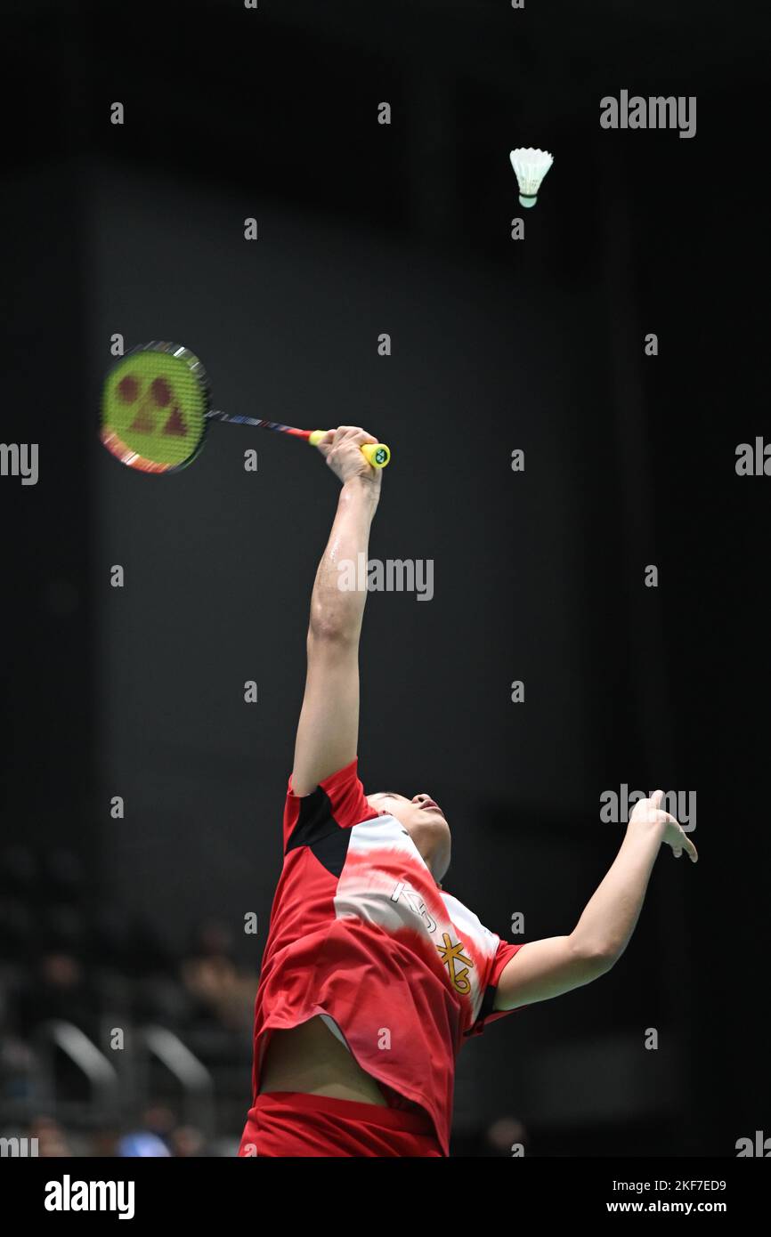 Sydney, Australien. 16.. November 2022. Ein SE Young aus Korea wird während des Einzelspiels der SATHIO GROUP Australian Badminton Open Frauen 2022 gegen Sung Shuo Yun aus dem chinesischen Taipeh in Aktion gesehen. An gewann das Spiel 21-14, 21-13. Kredit: SOPA Images Limited/Alamy Live Nachrichten Stockfoto