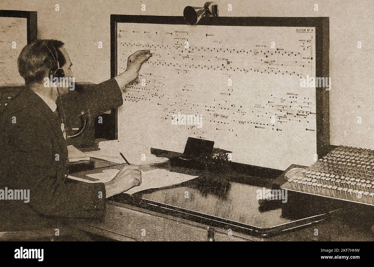 Ein Controller, der in den 1930er Jahren Züge in einem ehemaligen britischen Eisenbahnkontrollraum manuell verfolgt Stockfoto
