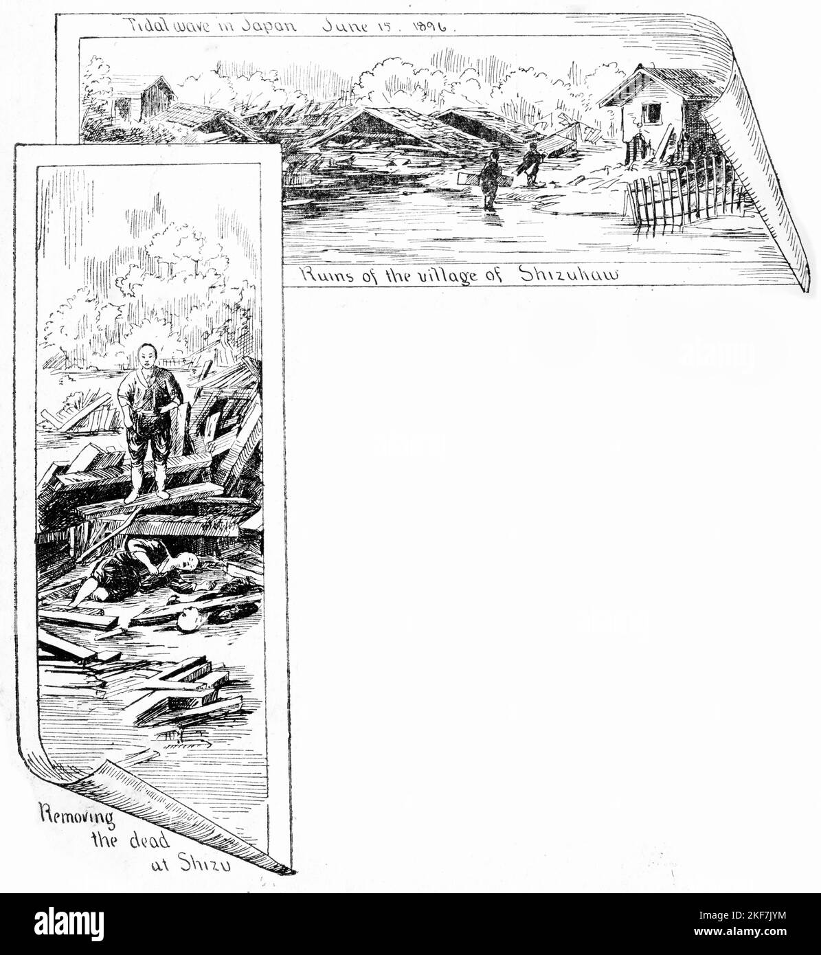 Gravur von Schäden durch eine Flutwelle in Shizuhaw, Japan, 15. Juni 1896 Stockfoto