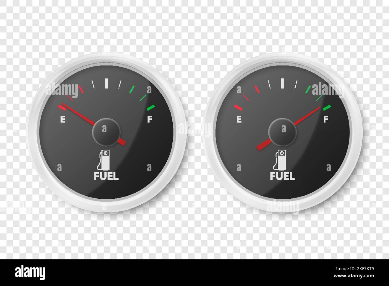 Vector 3D realistische Weißgas- und Schwarzgas-Tankanzeige, Ölstandsanzeige isoliert. Voll und leer. Details Zur Instrumententafel „Mietwagen“. Kraftstoffanzeige, Gasanzeige Stock Vektor