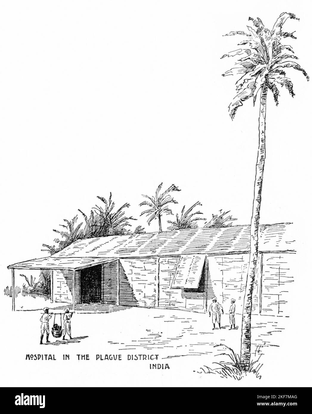 Gravur von zwei Männern, die einen Korb mit einem Mann mit der Plakette in ein medizinisches Zentrum in Indien tragen. Stockfoto
