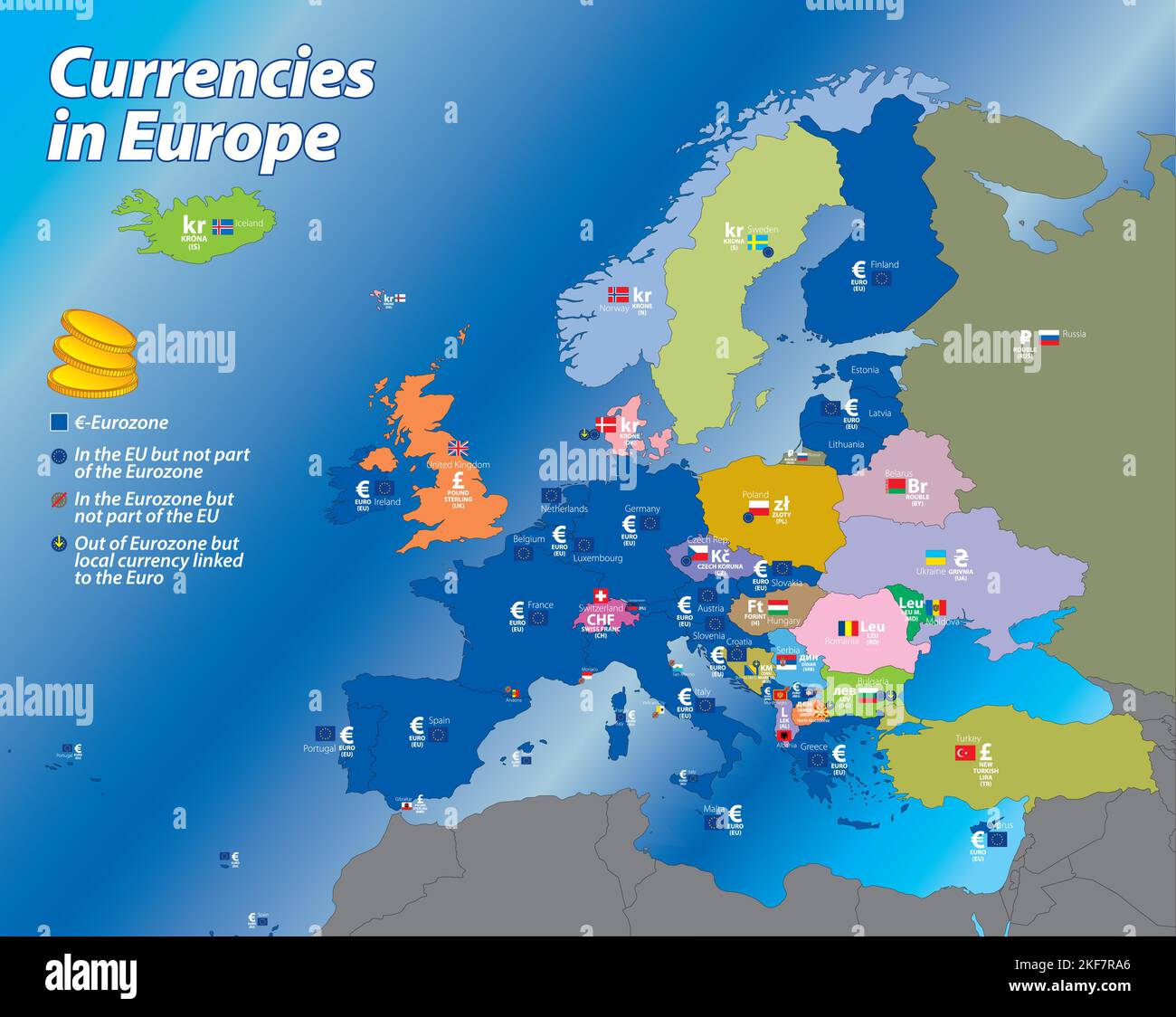 Karte der europäischen Währungen mit Symbolen, Grenzen und Flaggen, Vektorgrafik Stock Vektor