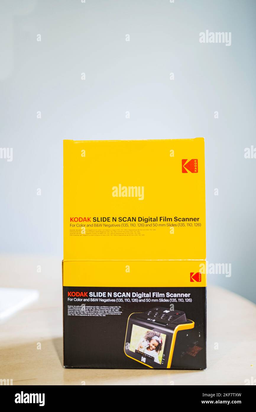 Kodak Slide N Scan Digital Film Scanner in einer Box mit Platz für Kopien. USA. Stockfoto