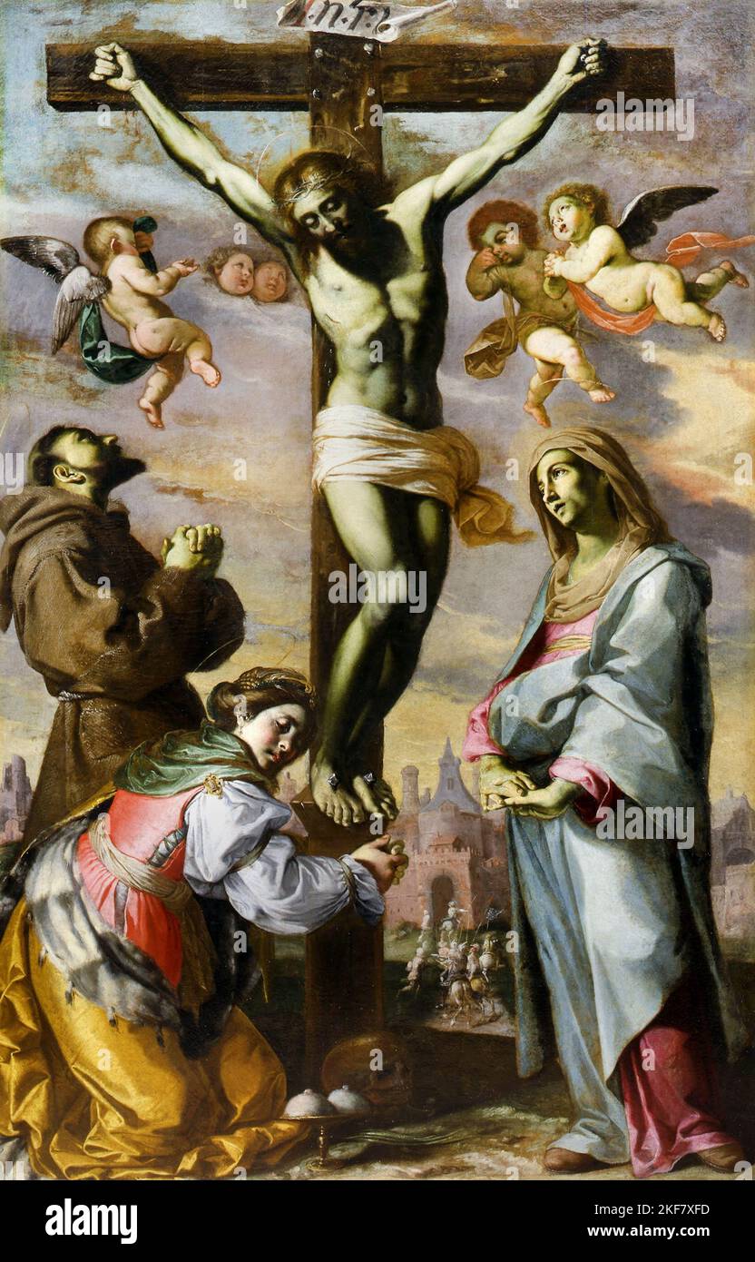 Bernardino Mei; Kruzifix mit der Jungfrau und den Heiligen Franziskus und Agatha; 18. Jahrhundert; Öl auf Leinwand; Fondazione Musei Senesi, Siena, Italien. Stockfoto