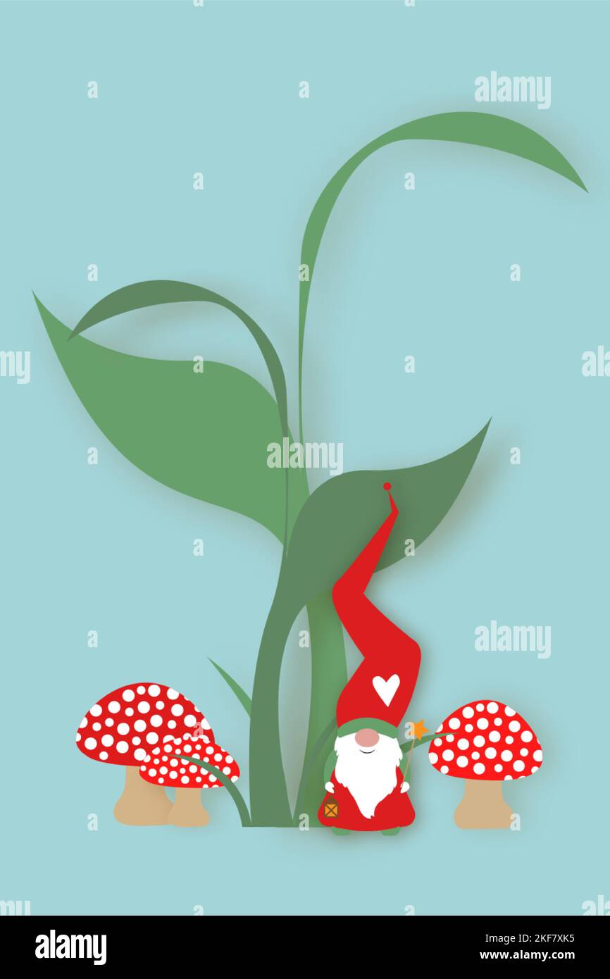 Niedliche Cartoon Gnome mit langen roten Hut. Skandinavischer nordischer Weihnachtsmann Elf im Wald, Vektor isoliert auf blauem Hintergrund. Weihnachtliche Elemente Stock Vektor