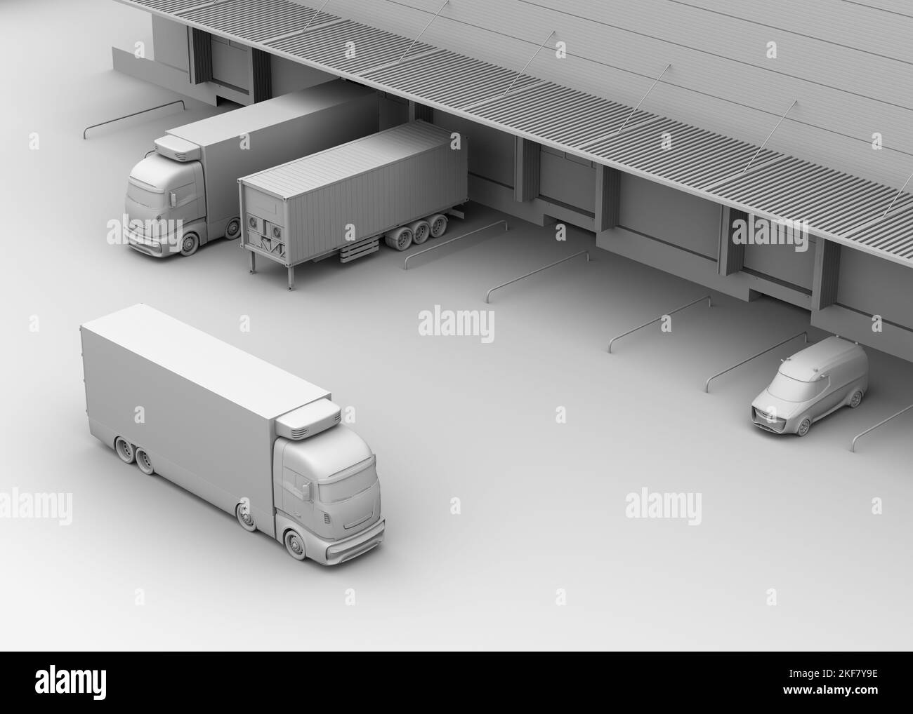 Tonerde von Elektro-Lkw mit Kühlcontainer und Containeranhänger Parken im Logistikzentrum. Kühlkettenkonzept. 3D Rendering des Bildes. Stockfoto