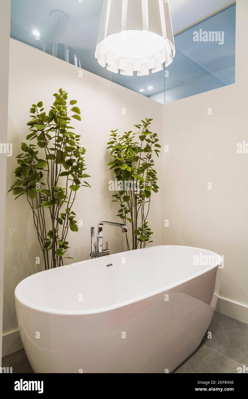 Weiße freistehende Badewanne mit ausgestellter Pendelleuchte im Badezimmer im luxuriösen, zeitgenössischen Bungalow-Stil. Stockfoto
