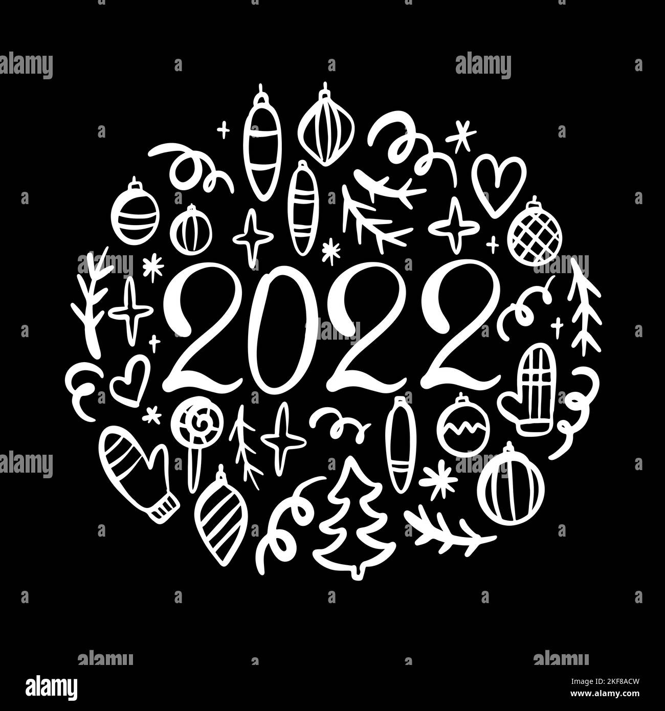 2022 WEIHNACHTSDRUCK Doodle Symbole Dekoration Grußkarte Neujahr Winterurlaub mit Text Weiß auf schwarzem Hintergrund Cartoon Vektor Illustration S Stock Vektor